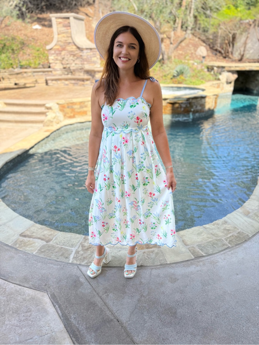 White Floral Midi Dress with Scallop Trim